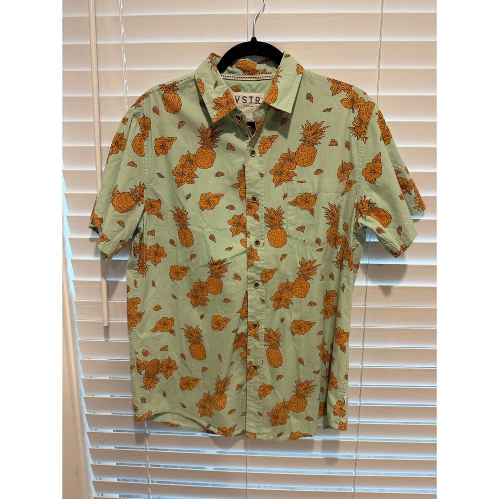 VSTR Premium‎ Mens Medium Pineapple Floral Button Down Shirt Mint Green Cotton